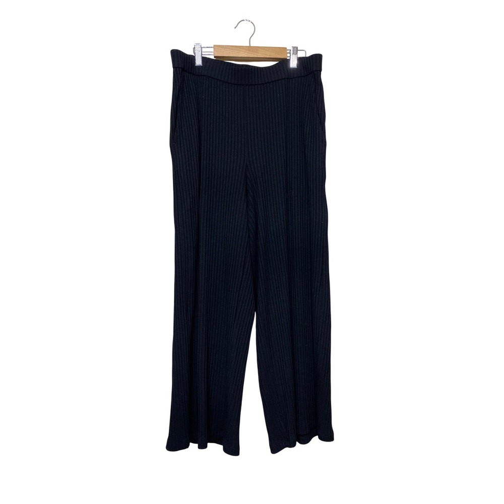 Eileen Fisher Womens Black Ribbed Knit Wide Leg Elastic Waist‎ Pants Size M
